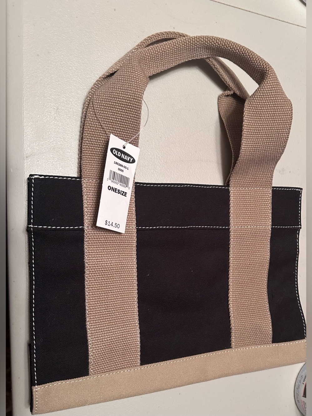 Vintage Old Navy Black Canvas Tote with Beige straps